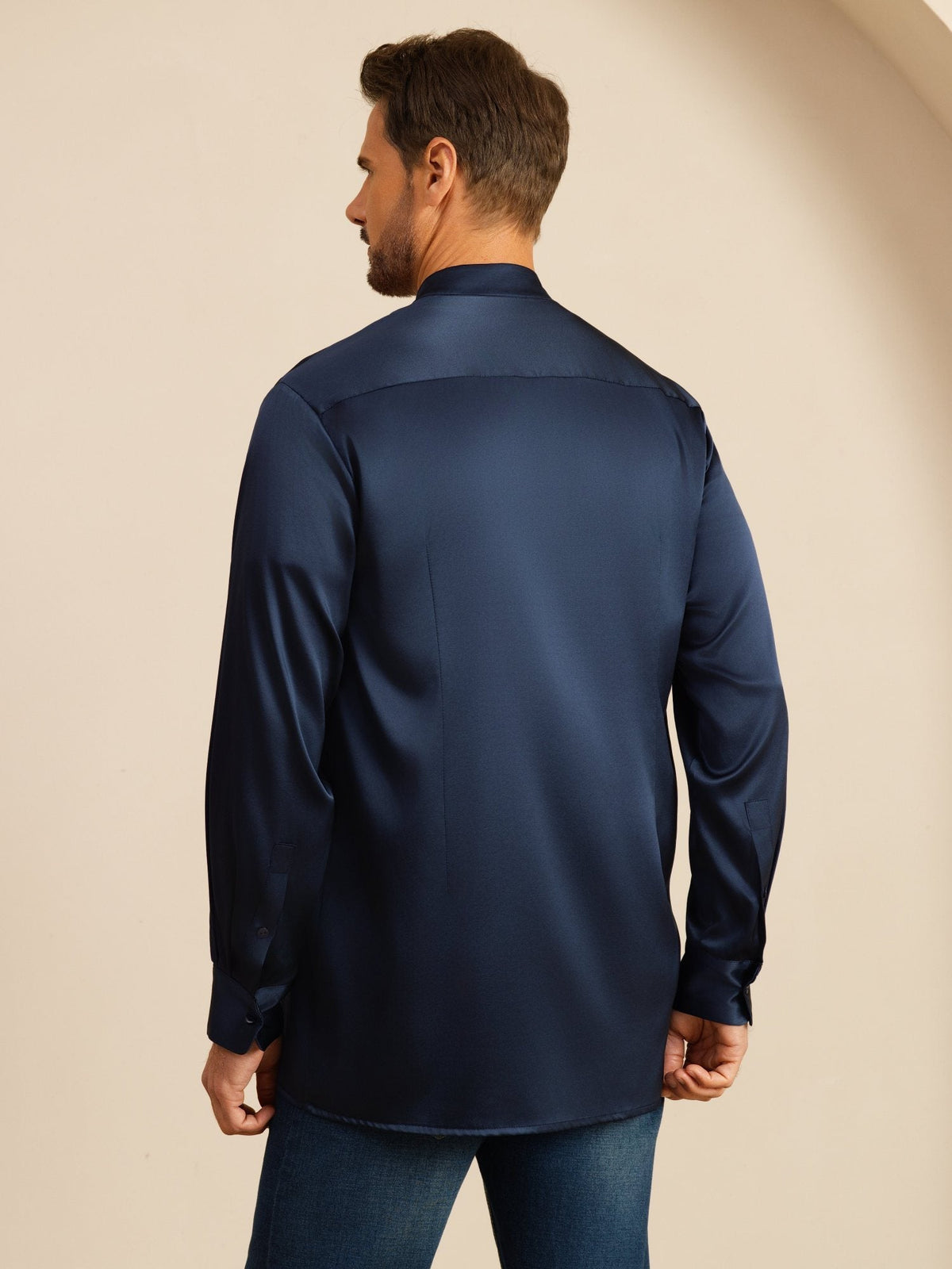 [Dark Blue] SilkSilky-CA Long Sleeve Stand Collar Men''s Shirt 002