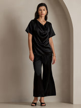 [Black] SilkSilky-CA Short Sleeve Cowl Neck Women's Blouse 003