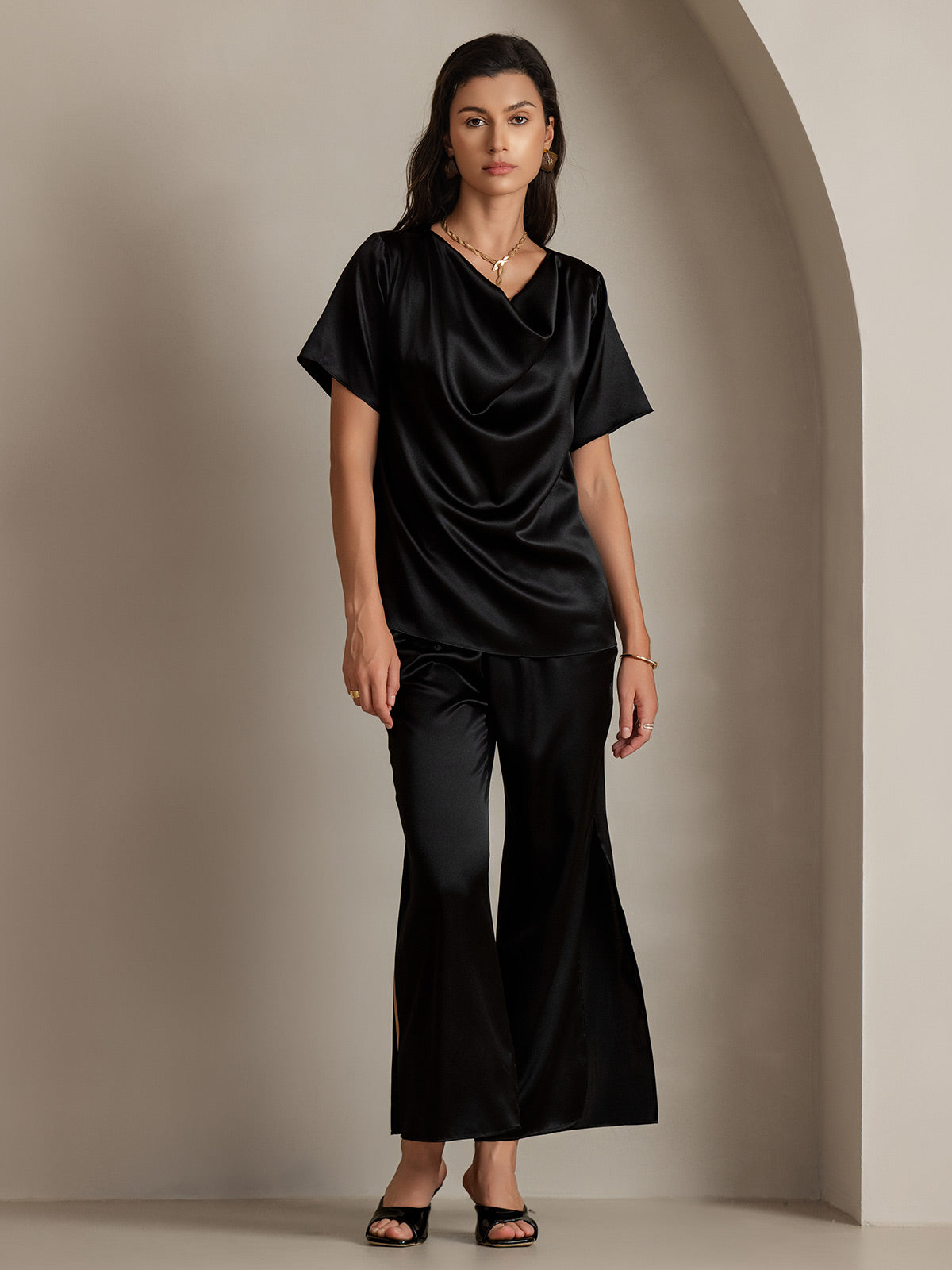 [Black] SilkSilky-CA 19Momme Silk Short Sleeve Cowl Neck Blouse 003