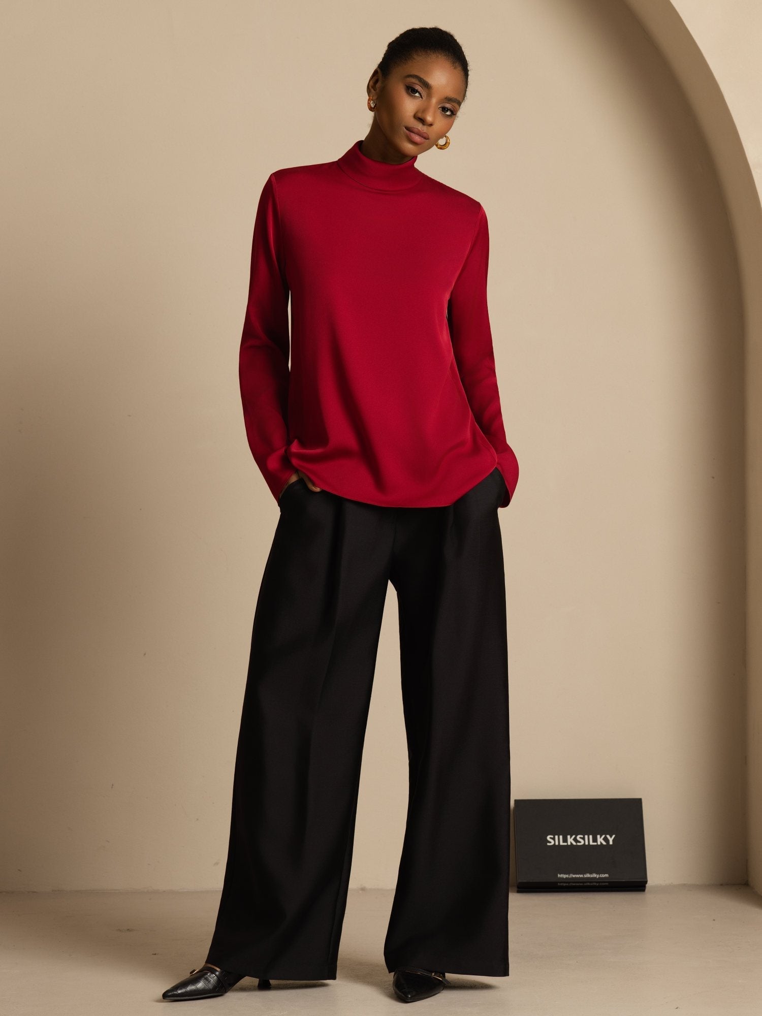 [Wine] SilkSilky-CA 19Momme Silk Long Sleeve Turtle Neck Women's T-Shirt 001