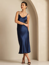 [Dark Blue] SilkSilky-CA Spaghetti Strap V Neck Dress 001