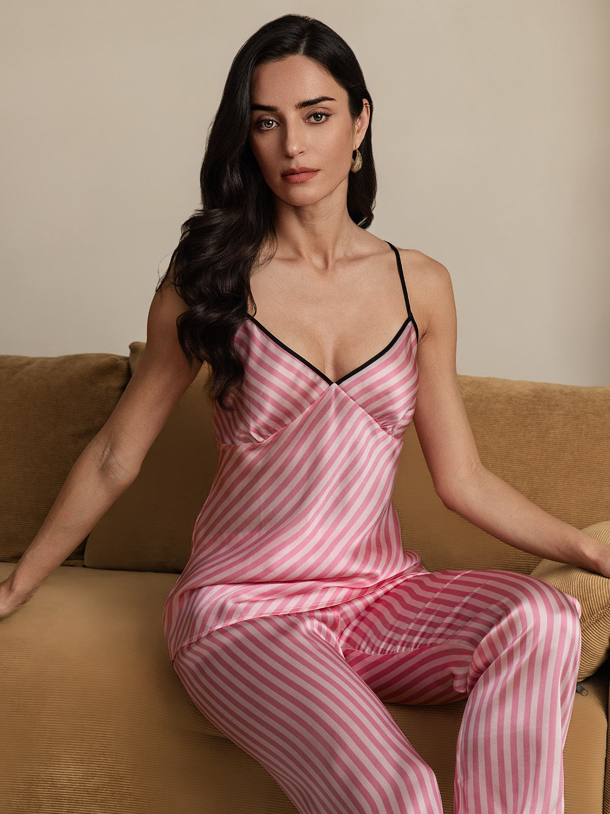 SilkSilky-CA Pure Silk Sleeveless V Neck Women's Pajamas Pink 001