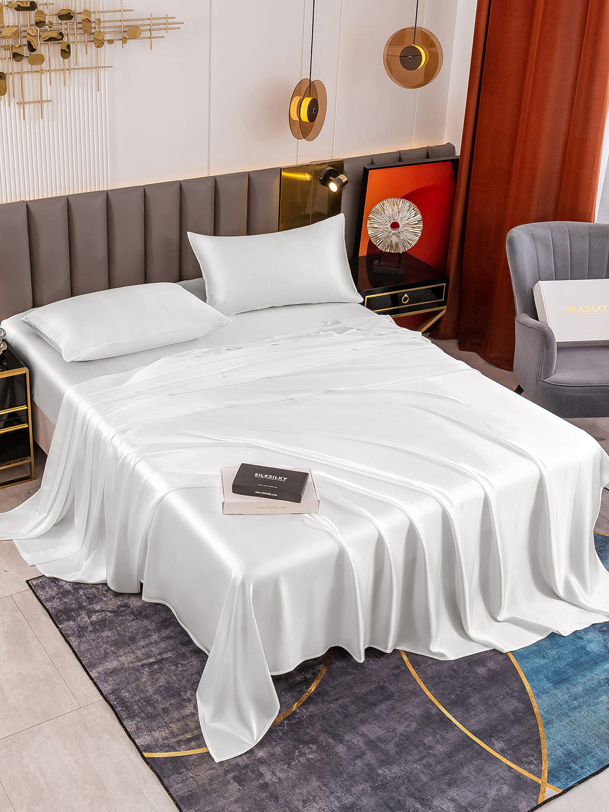 [White] SilkSilky-CA 19Momme Pure Silk Bedding Set 001