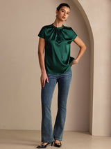 [Dark Green] SilkSilky-CA Short Sleeve Split Women's Blouse 006