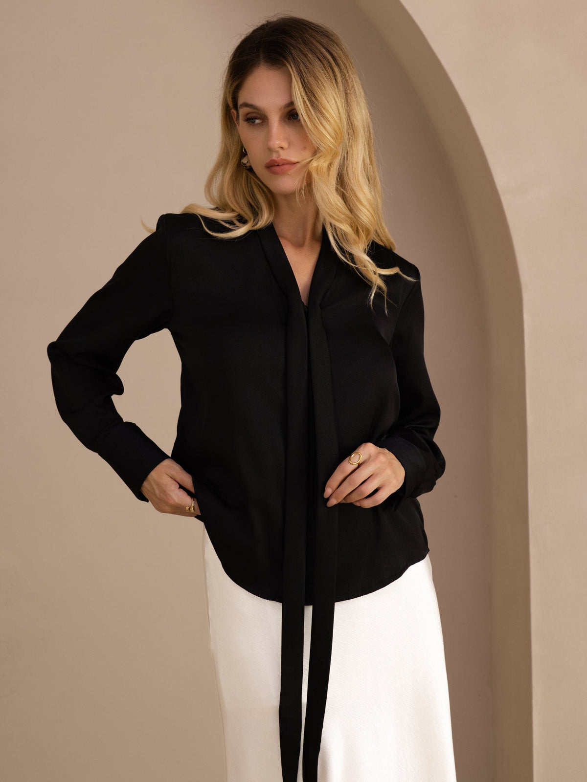 [Black] SilkSilky-CA Long Sleeve Tie Neck Women's Blouse 002