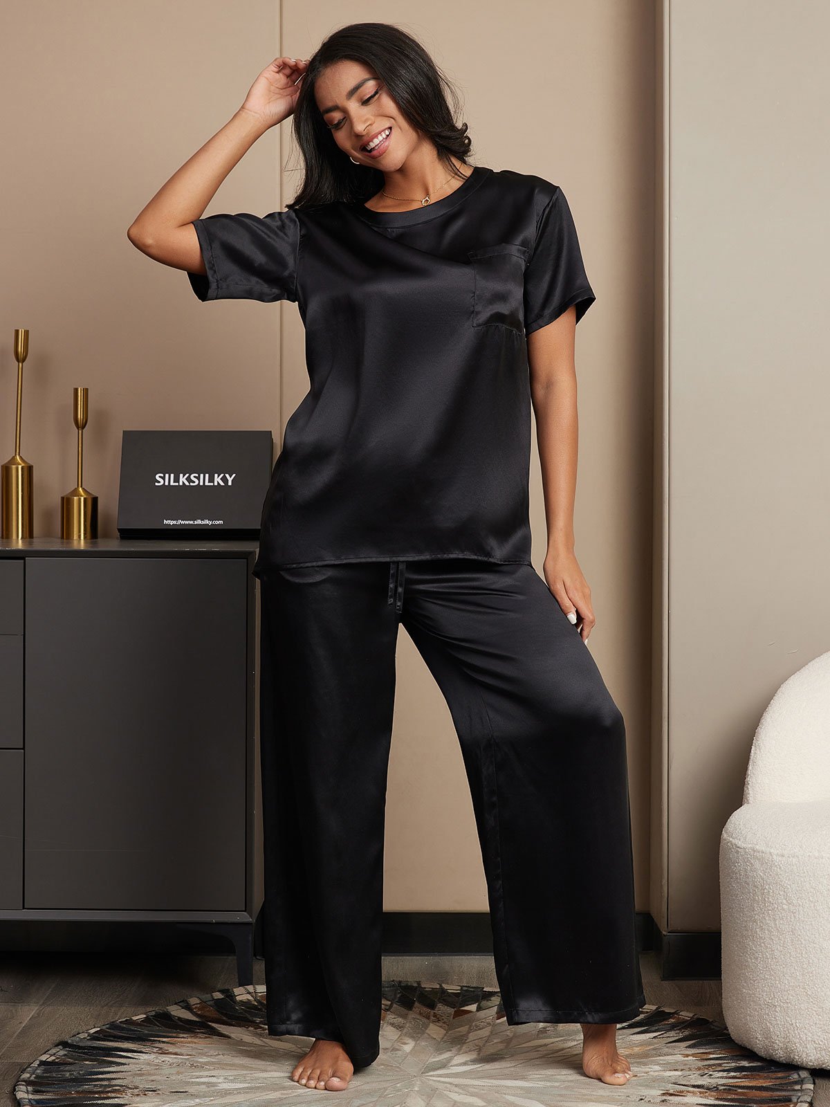 [Black] SilkSilky-CA Pure Silk Short Sleeve Womens Pajamas 004