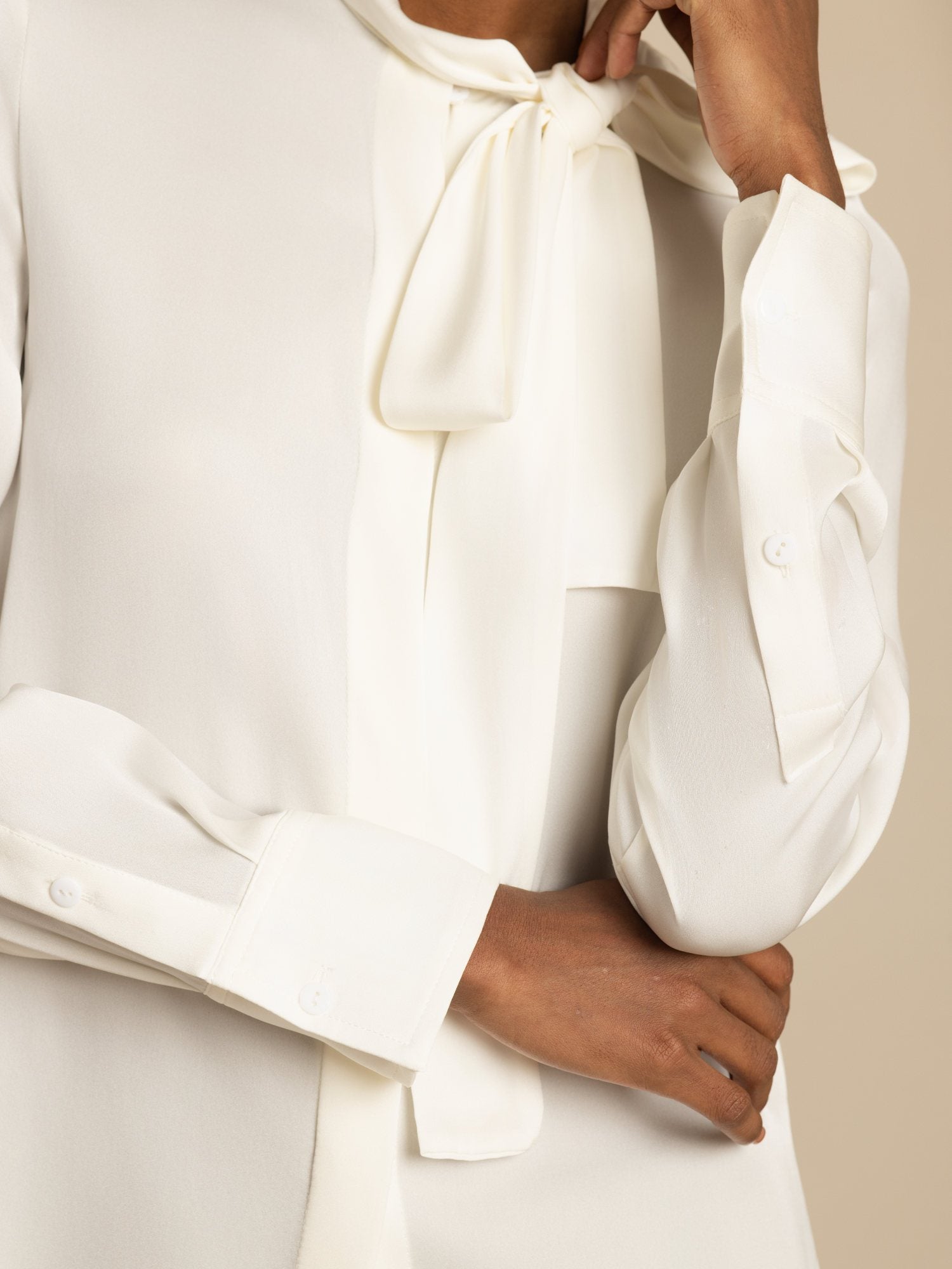 [White] SilkSilky-CA 19Momme Stretch Silk Charmeuse Long Sleeve Tie Neck Blouse 005