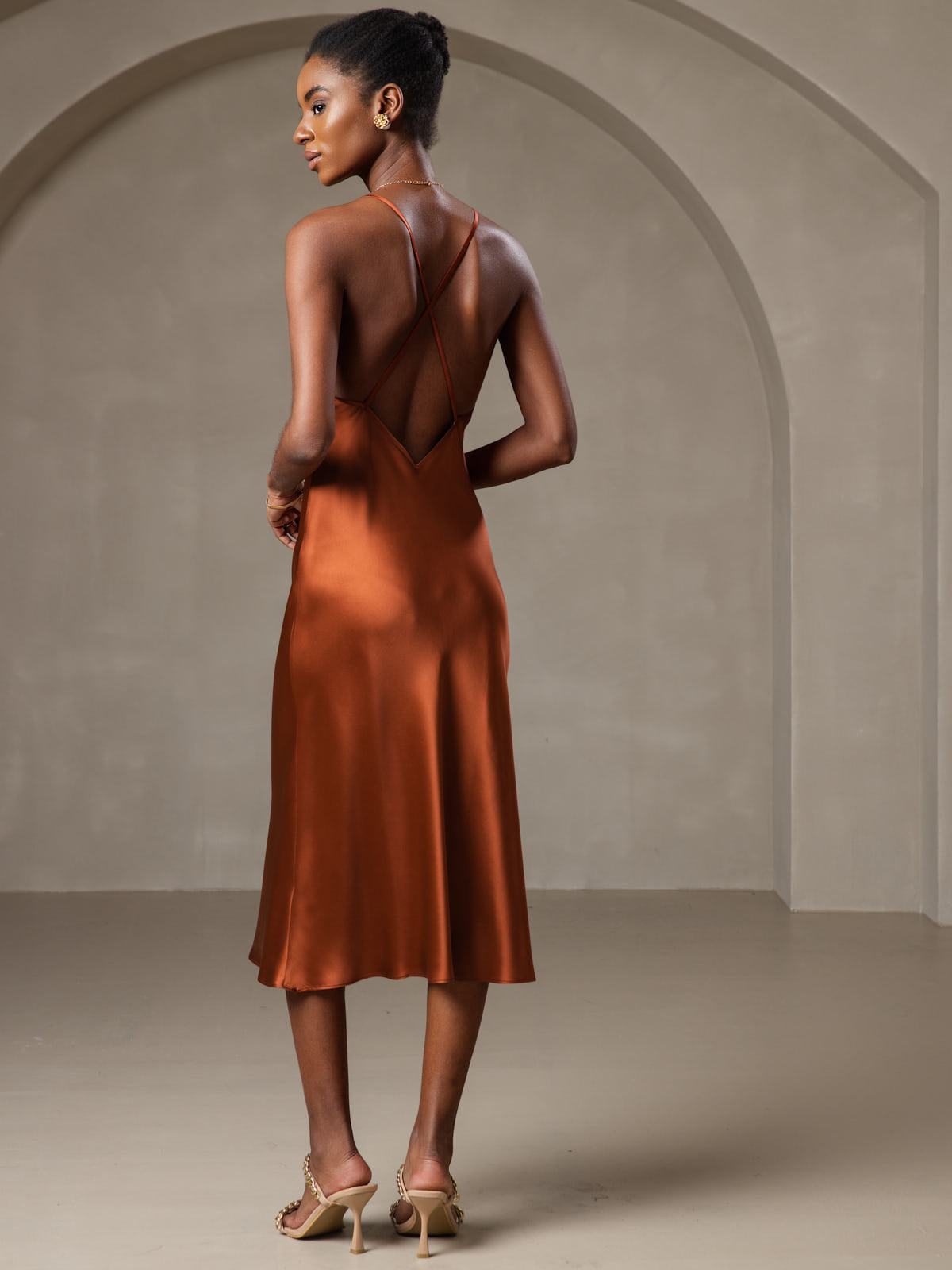 SilkSilky-CA Pure Silk Sleeveless V Neck Dress Caramel 004