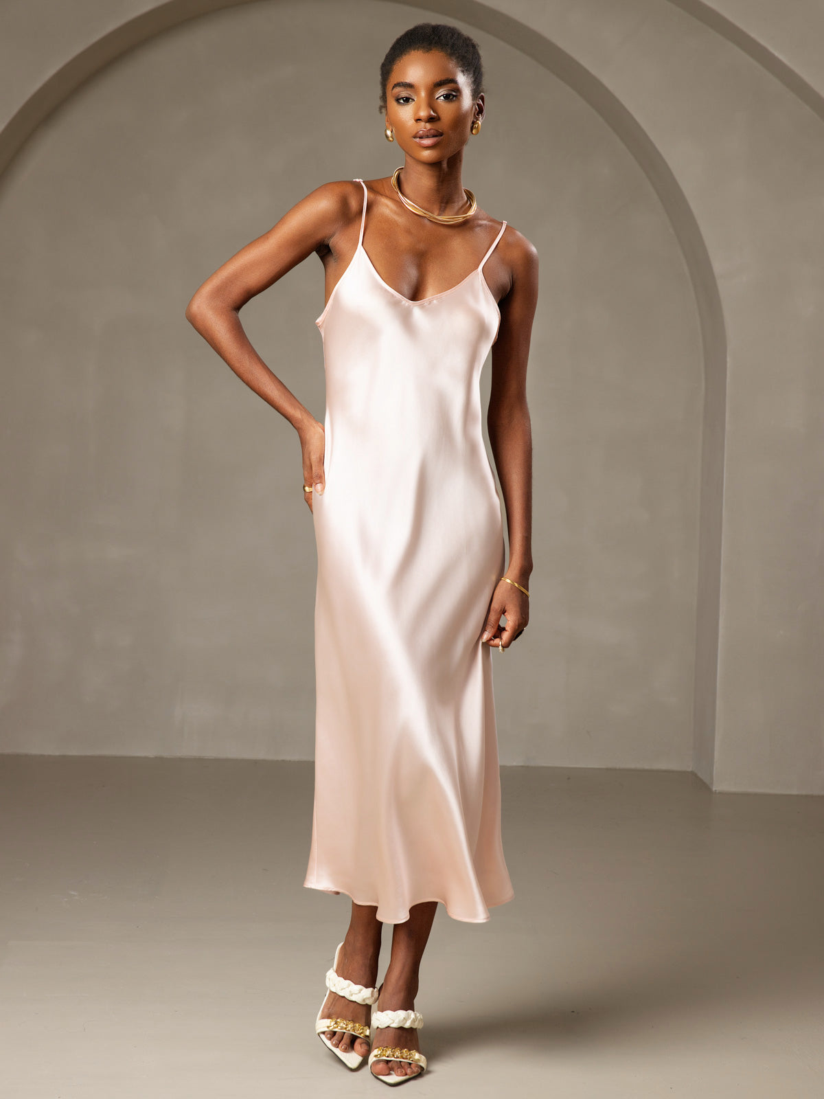 [Pink] SilkSilky-CA Spaghetti Strap Round Neck Dress 003