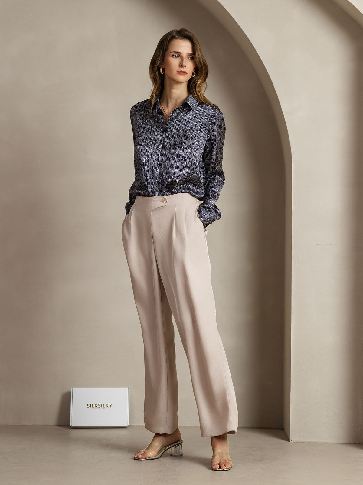 [Navy Ginkgo] SilkSilky-CA Silk Lapel Collar Women's Shirt 003