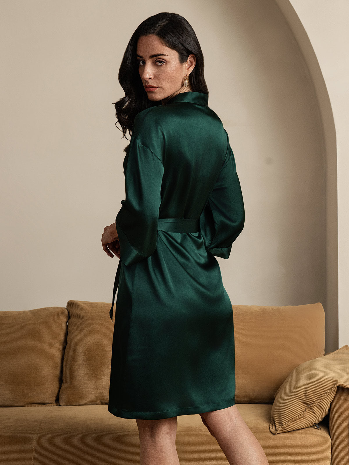 [Dark Green] SilkSilky-CA Pure Silk Half Sleeve Womens Robe 002