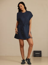 [Dark Blue] SilkSilky-CA 18Momme Silk Satin Surah Cap Sleeve Henley Neck Dress 006