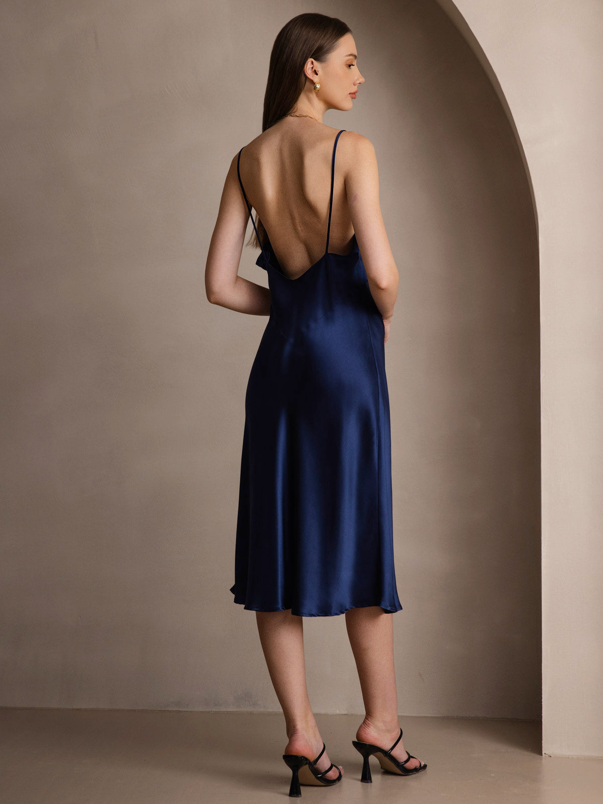 [Dark Blue] SilkSilky-CA 19Momme Pure Silk V Neck Dress 002