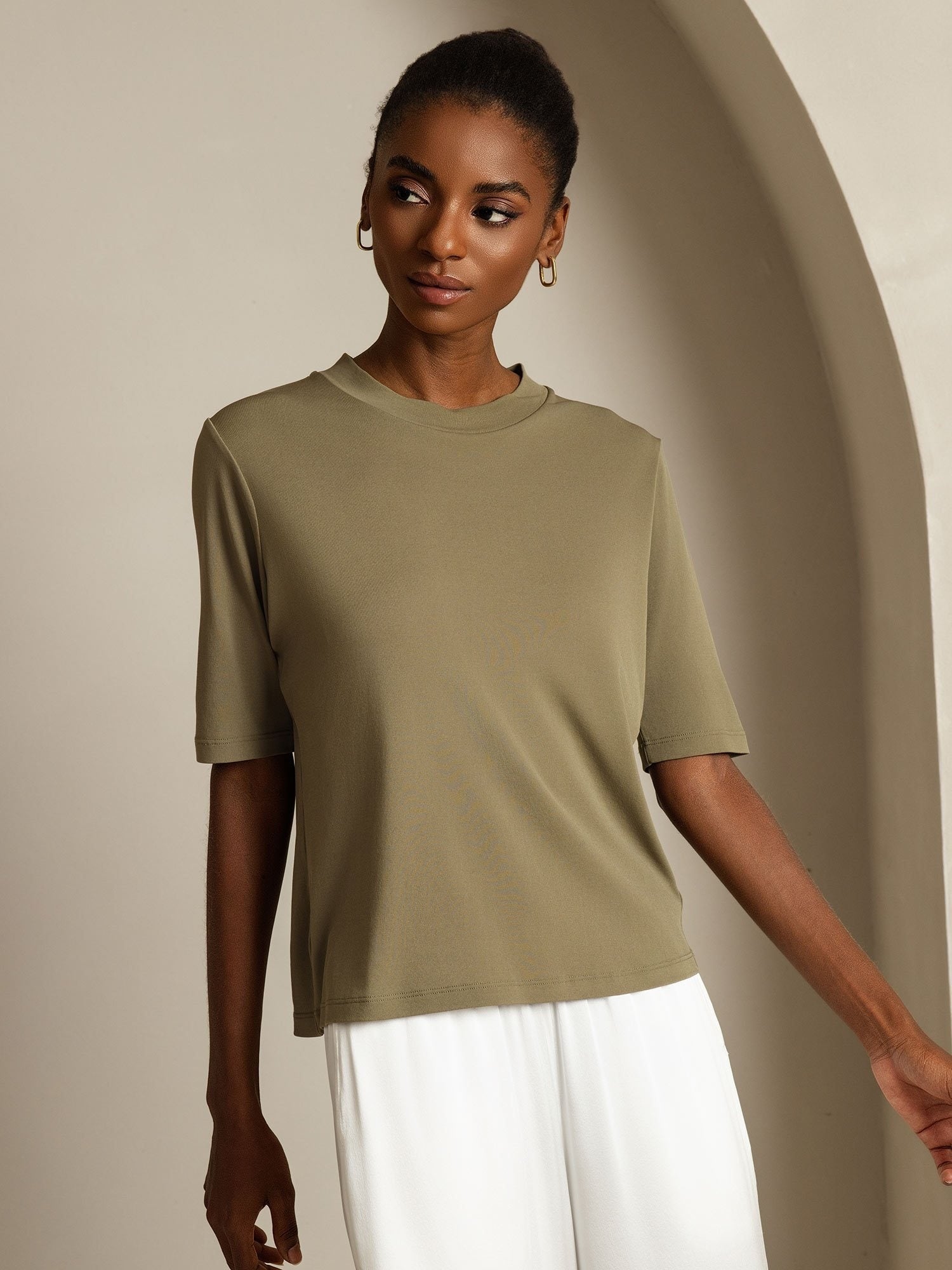 [Burnt Olive] SilkSilky-CA Pure Silk Round Neck Women's T-Shirt 007