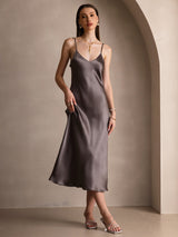 [Dark Khaki] SilkSilky-CA Spaghetti Strap V Neck Dress 001