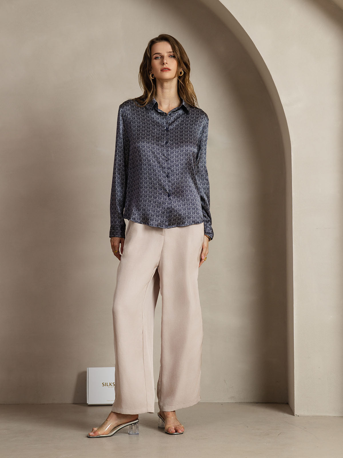 [Navy Ginkgo] SilkSilky-CA Silk Lapel Collar Women's Shirt 007