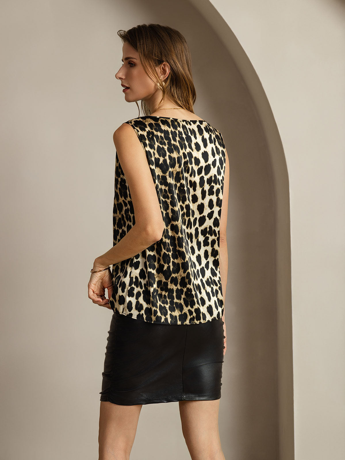 [Leopard] SilkSilky-CA 19Momme Silk Round Neck Camisole 002