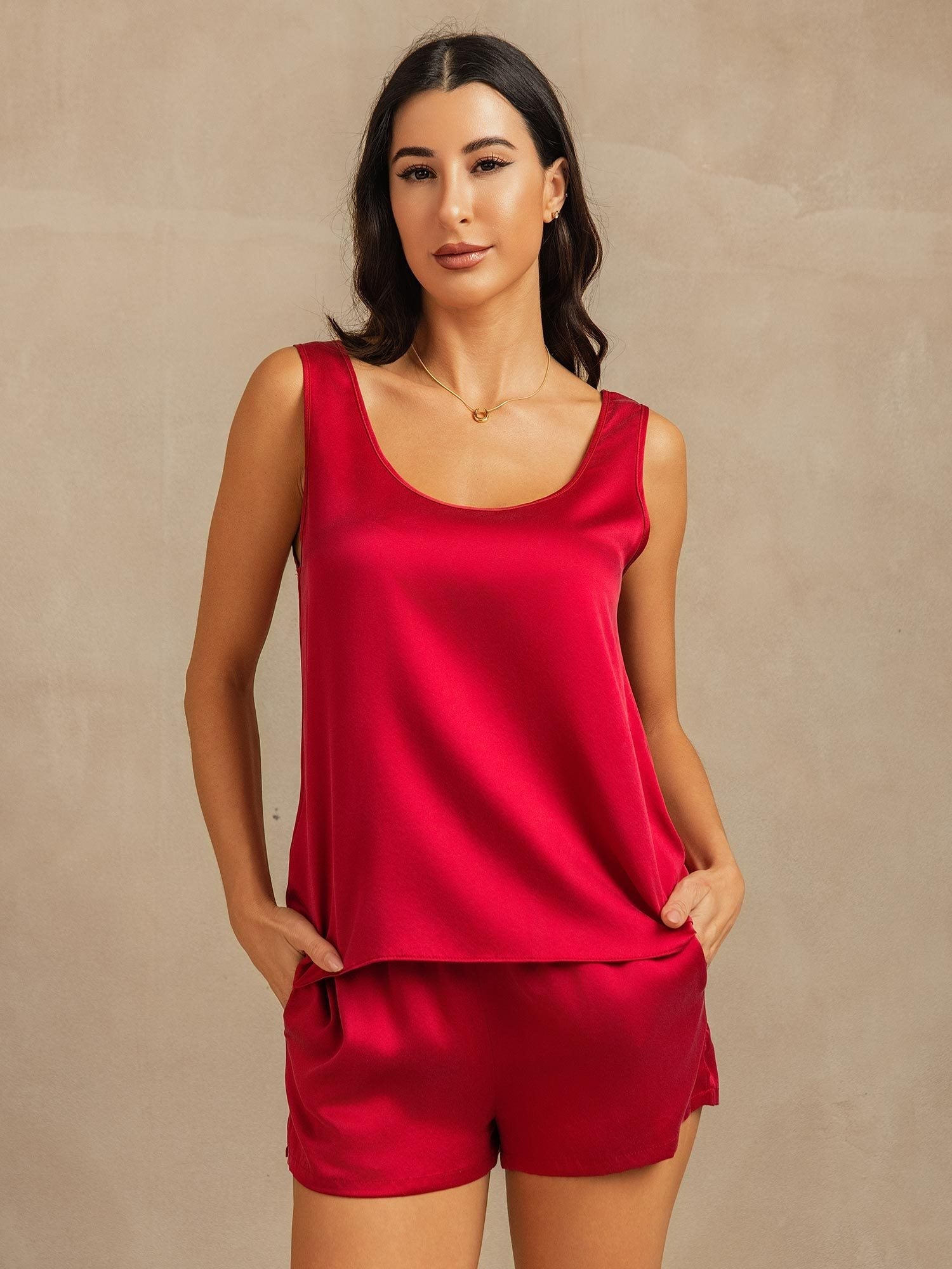 [Wine] SilkSilky-CA 19Momme Washable Silk U Neck Women's Pajamas 001