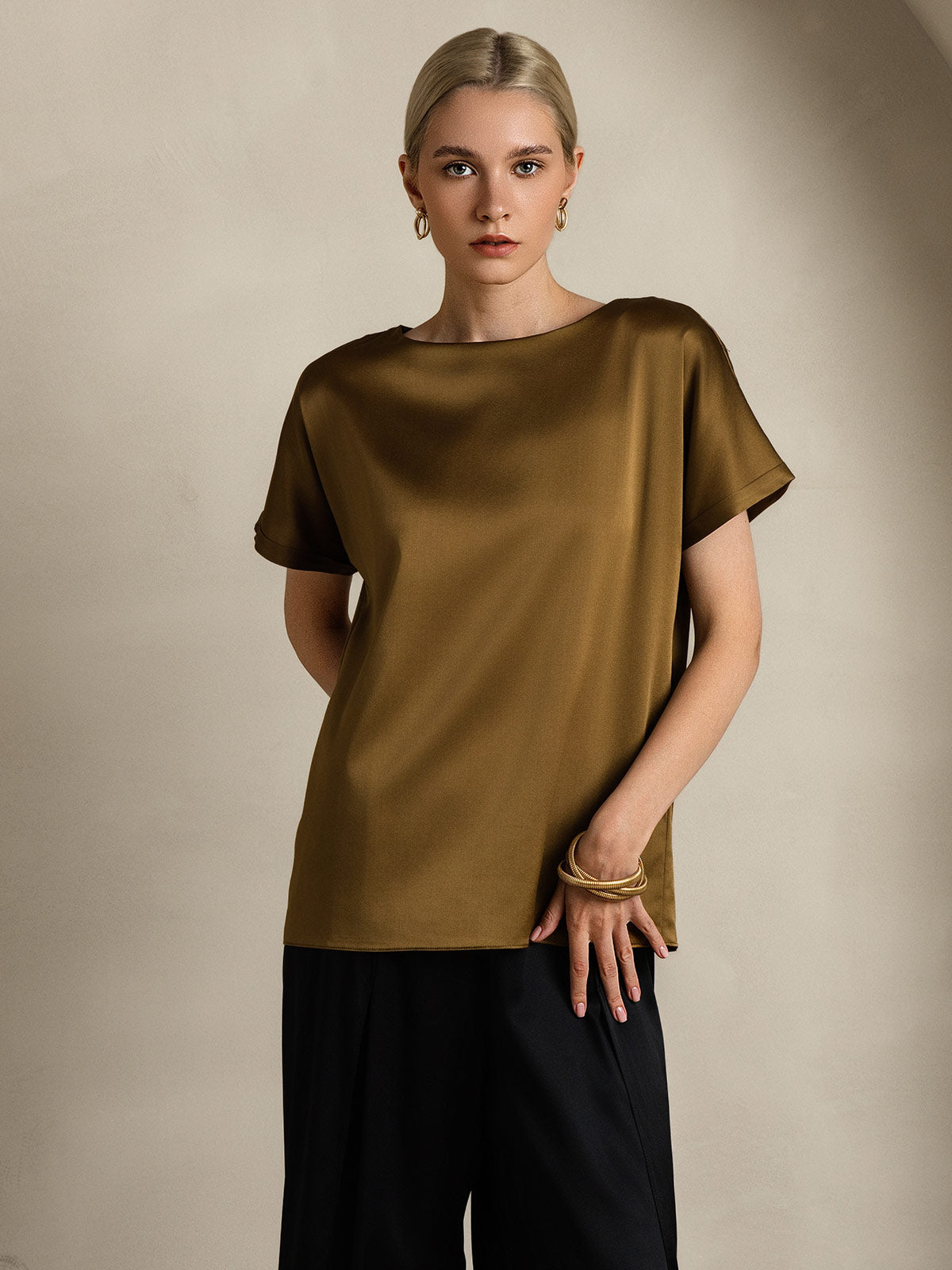 [Brown] SilkSilky-CA 19Momme Silk Round Neck Women's T-Shirt 006