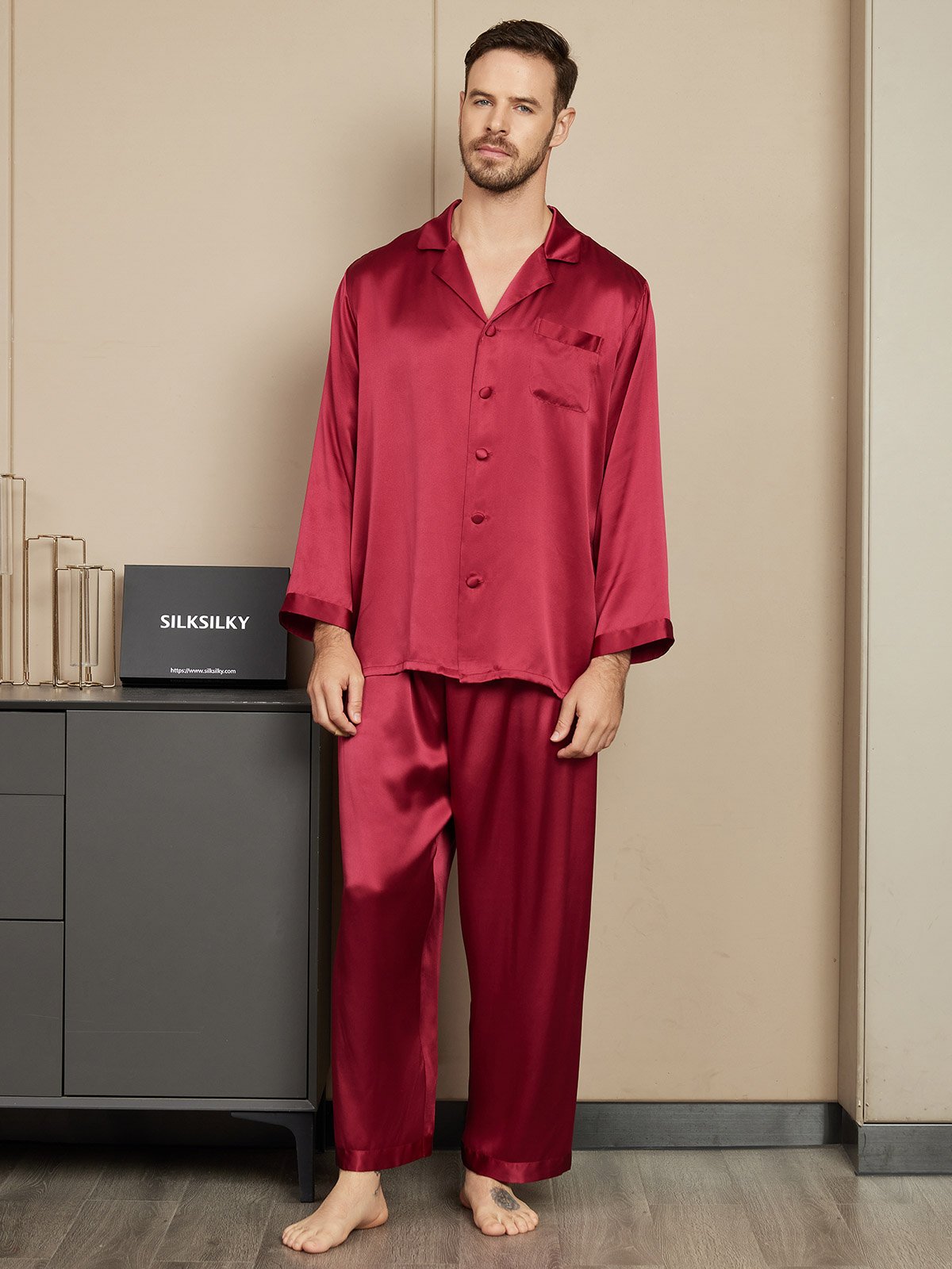 [Wine] SilkSilky-CA Pure Silk Mens Pajamas 001