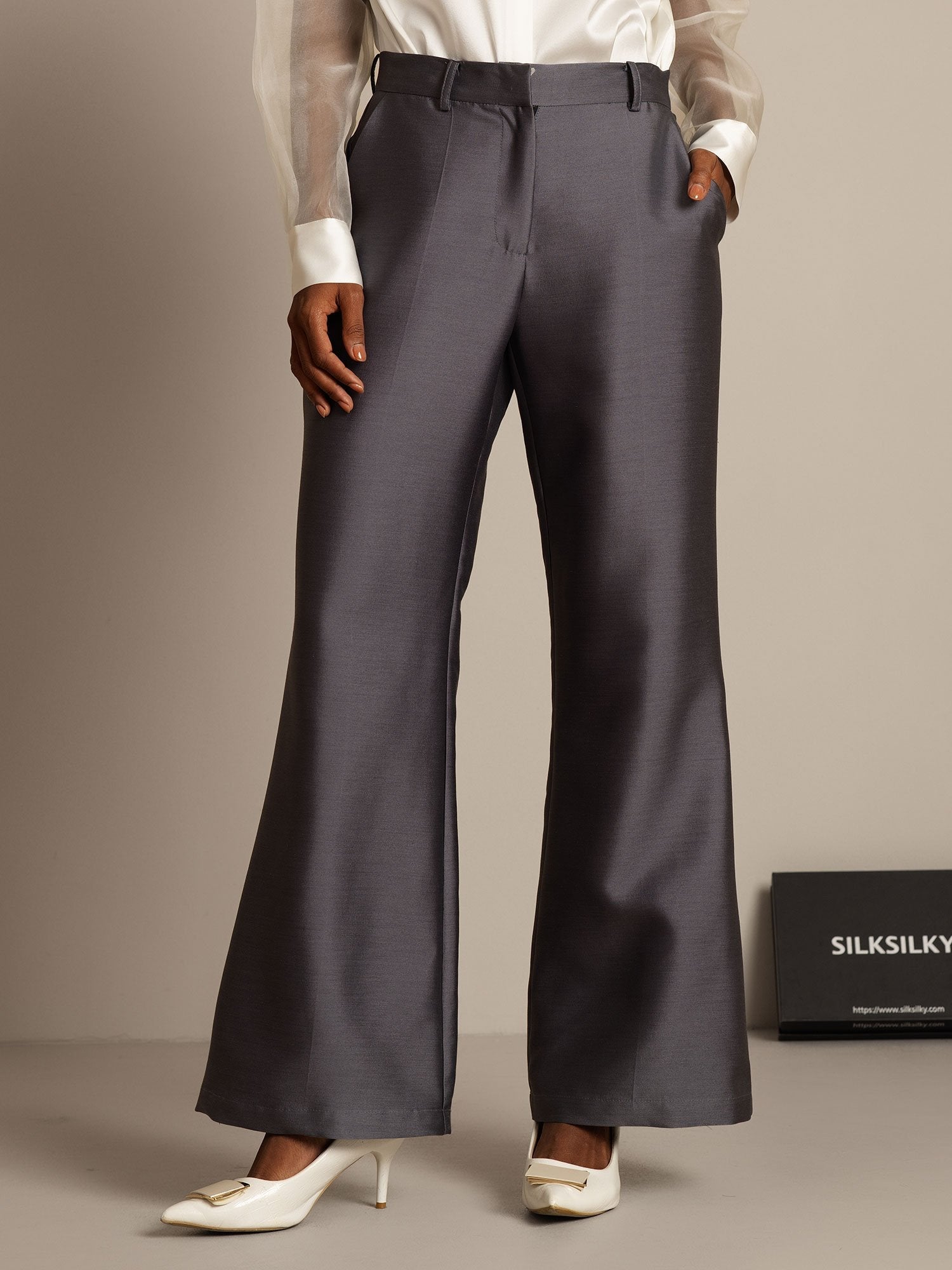 [Gray] SilkSilky-CA 32Momme Silk-Wool Blend Womens Pants 001,