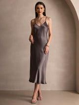 [Dark Khaki] SilkSilky-CA Spaghetti Strap V Neck Dress 003