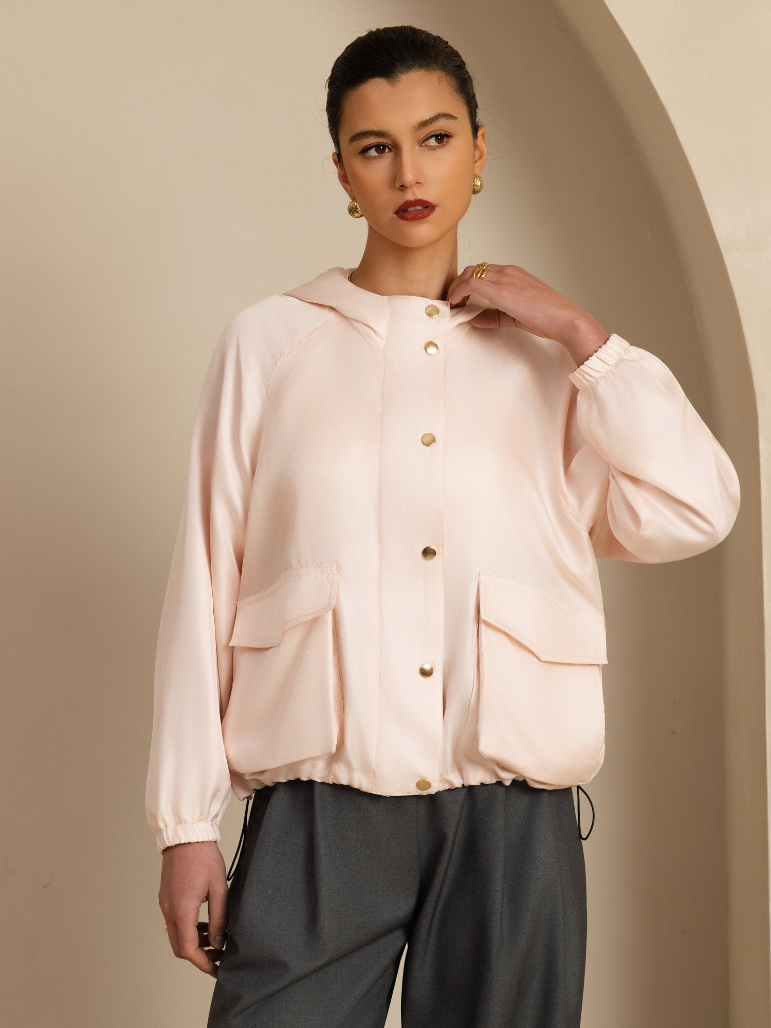 [Pink] SilkSilky-CA Silk Satin Surah Long Sleeve High Neck Women's Outerwear 003