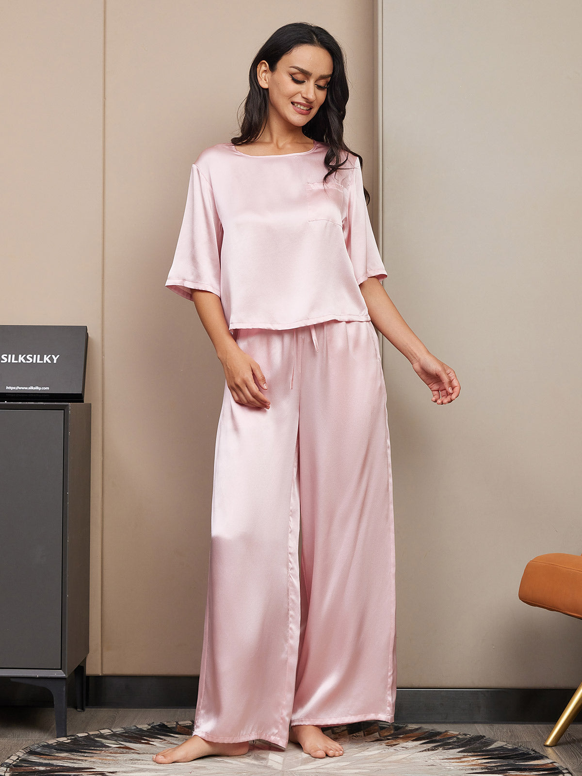 [Pink] SilkSilky-CA Pure Silk Half Sleeve Round Neck Women's Pajamas 003