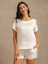 [White] SilkSilky-CA 19Momme Machine-Washable Silk Short Sleeve Round Neck Women's Pajamas 007