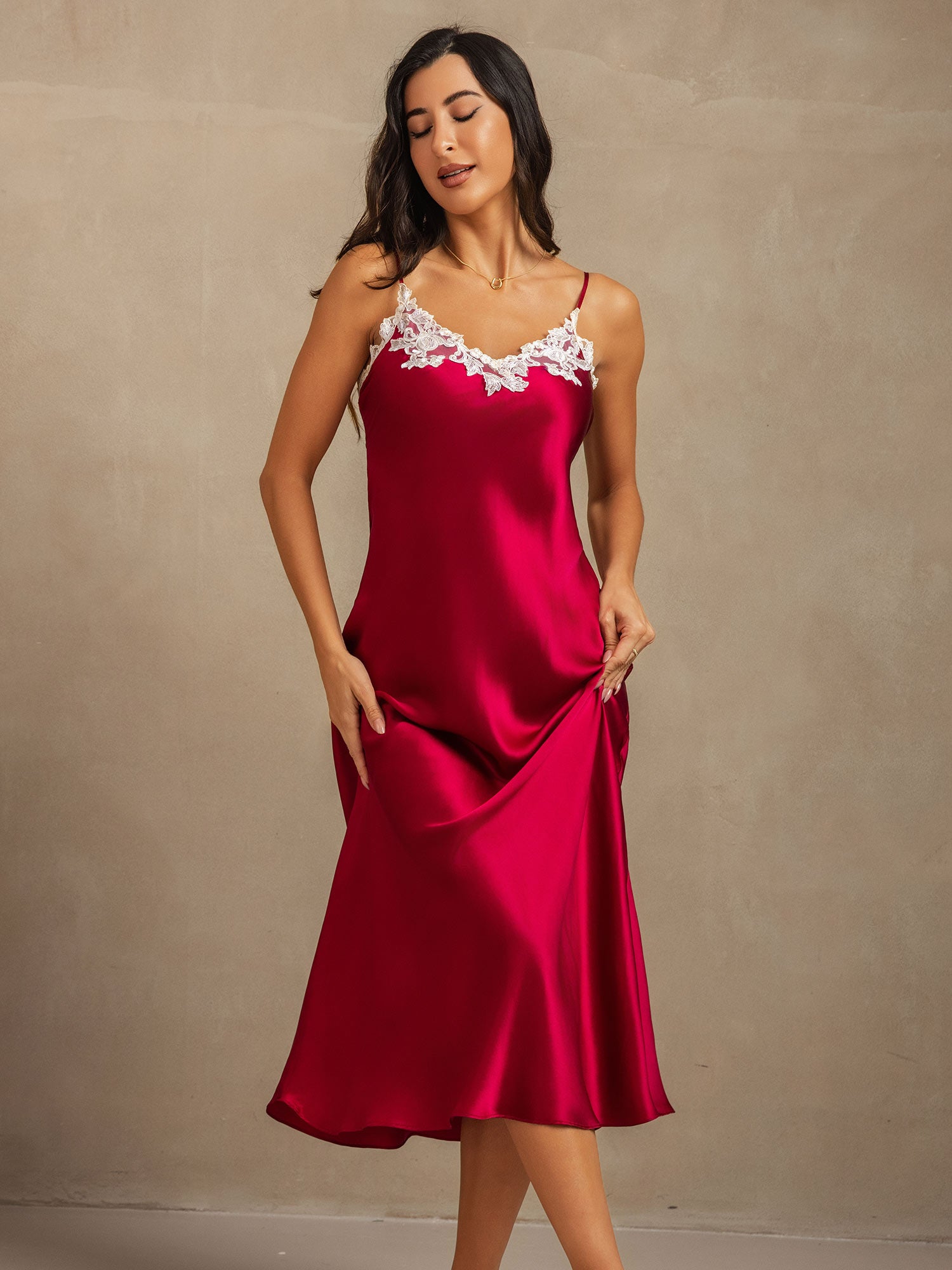 [Wine] SilkSilky-CA 19Momme Pure Silk V Neck Dress 001