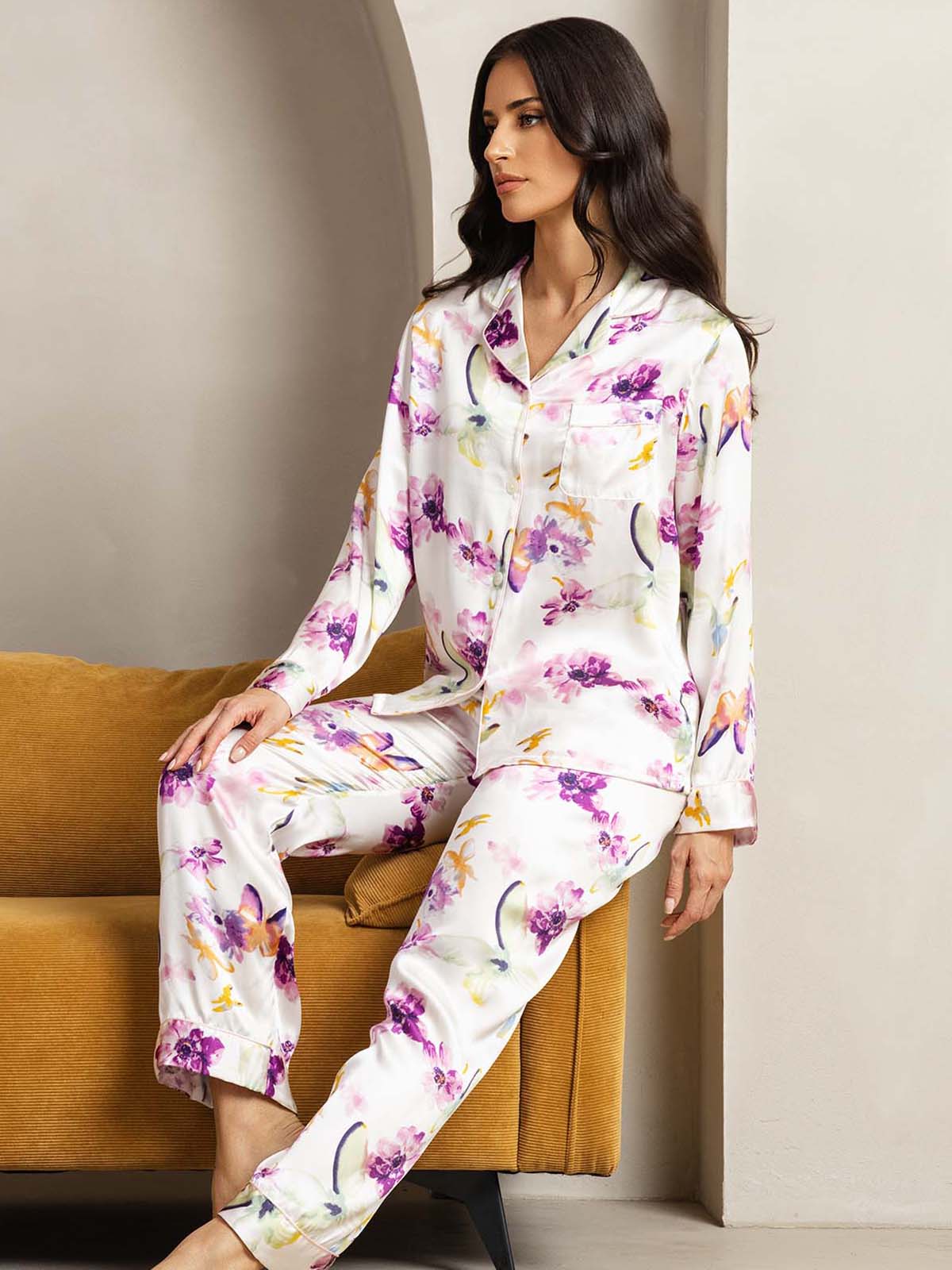 [Watercolor Floral] SilkSilky-CA Pure Silk Womens Pajamas 005