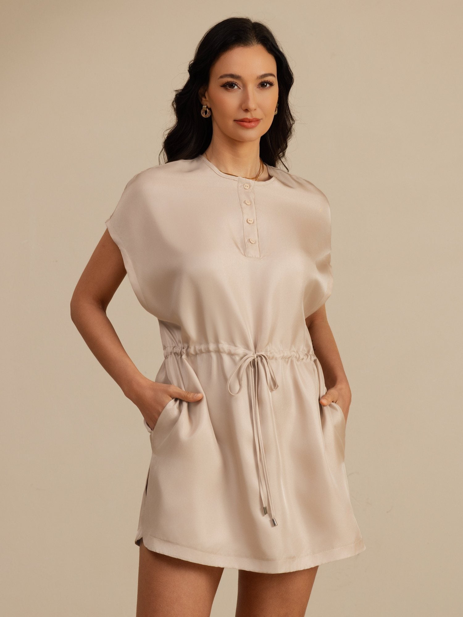 [Tan] SilkSilky-CA 18Momme Silk Satin Surah Cap Sleeve Henley Neck Dress 001