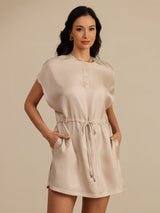 [Tan] SilkSilky-CA 18Momme Silk Satin Surah Cap Sleeve Henley Neck Dress 001