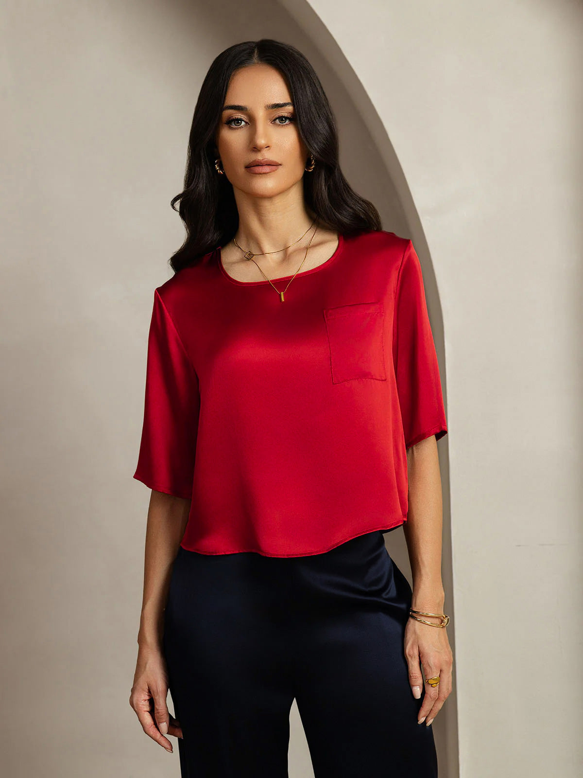 [Dark Red] SilkSilky-CA Pure Silk Boat Neck Women's T-Shirt 003