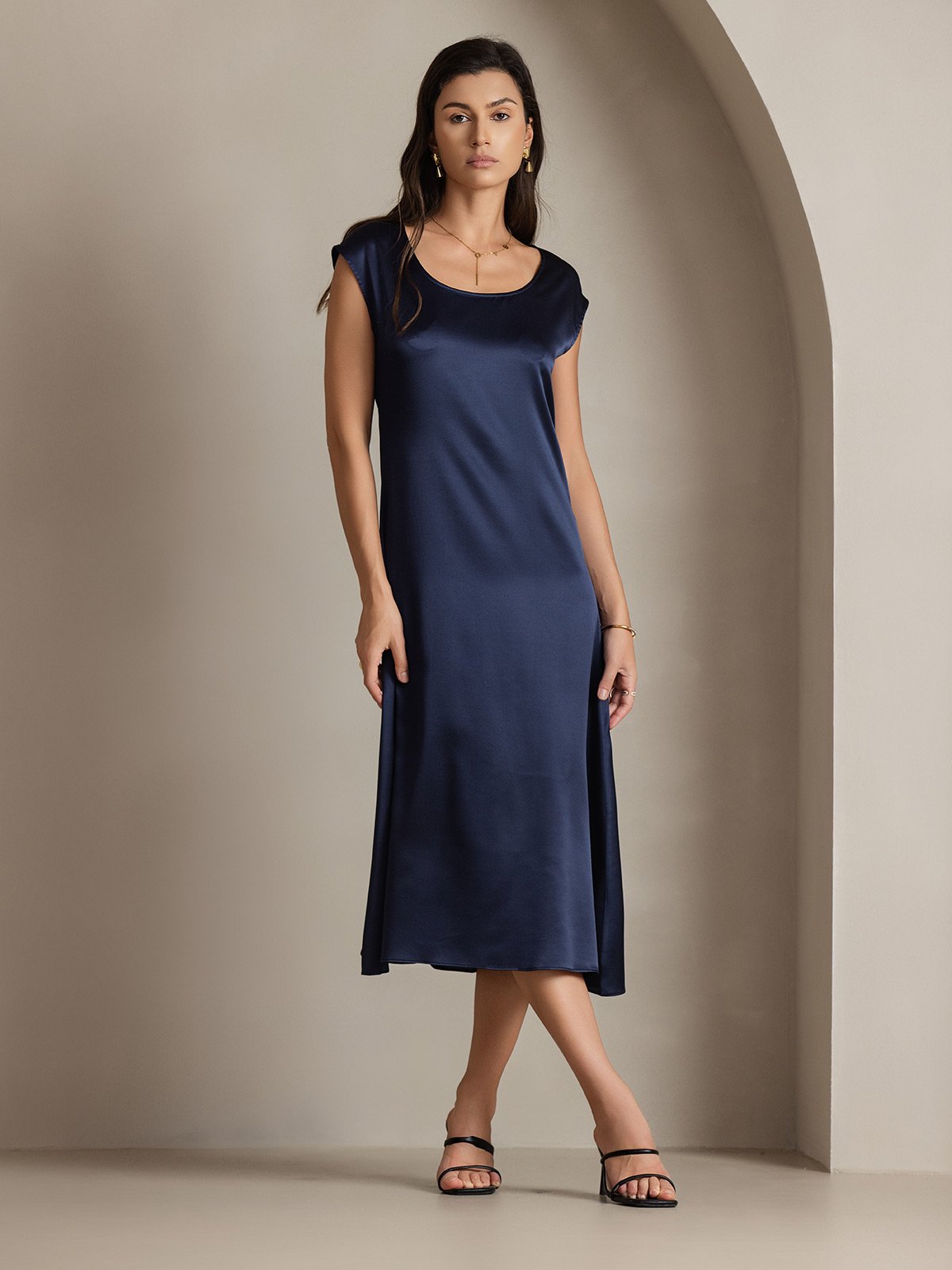 [Dark Blue] SilkSilky-CA 19Momme Silk Cap Sleeve Round Neck Dress 004