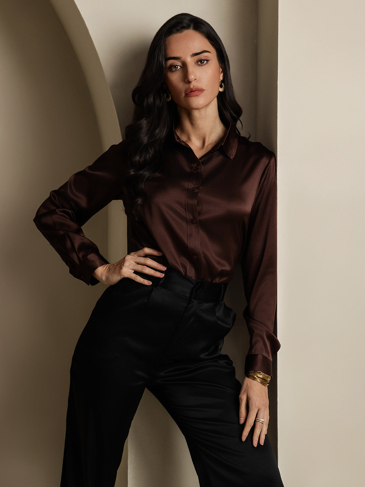 SilkSilky-CA 19Momme Silk Long Sleeve Collar Women's Shirt Coffee 005