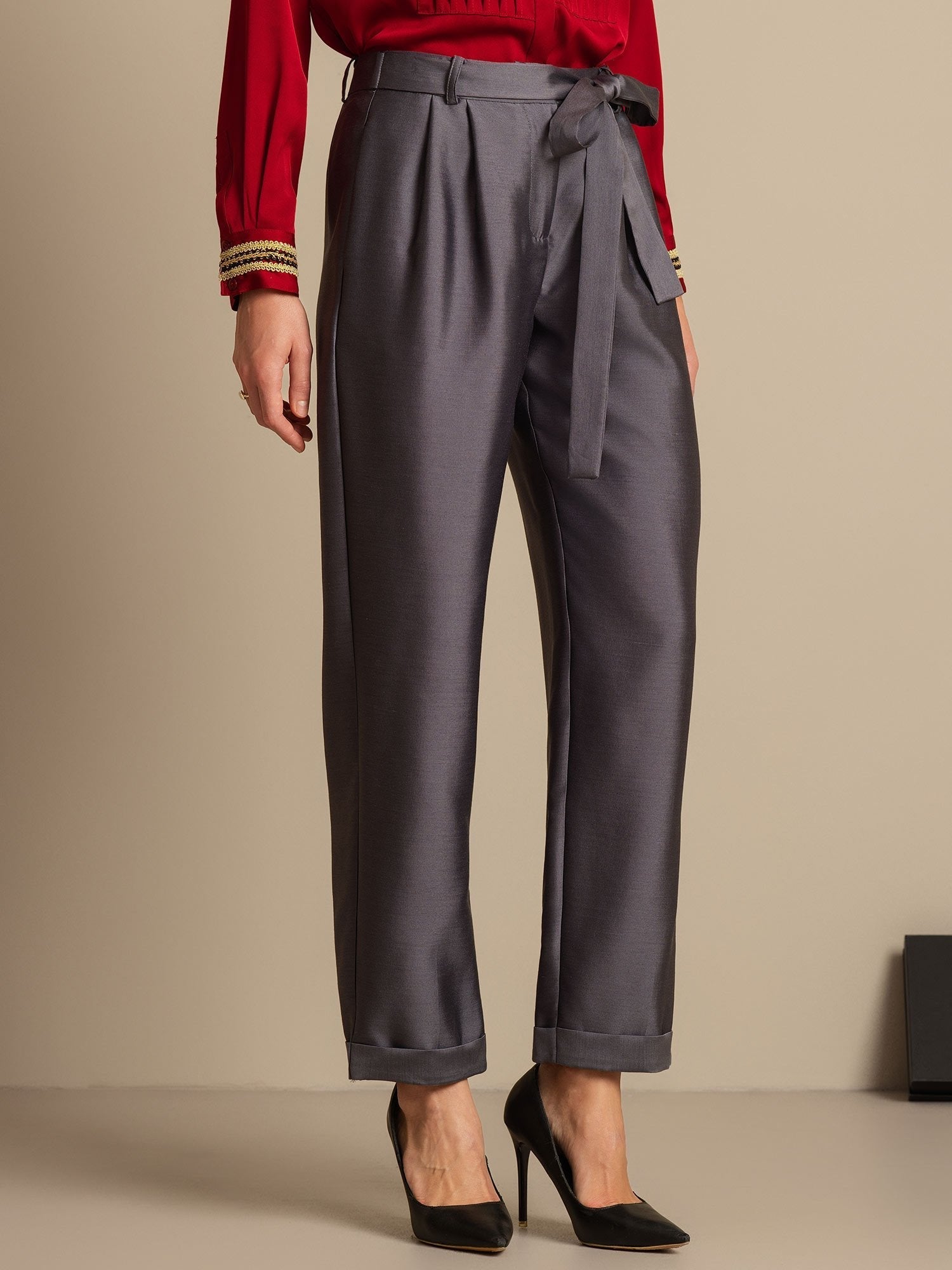 [Gray] SilkSilky-CA 32Momme Silk-Wool Blend Womens Pants 003,