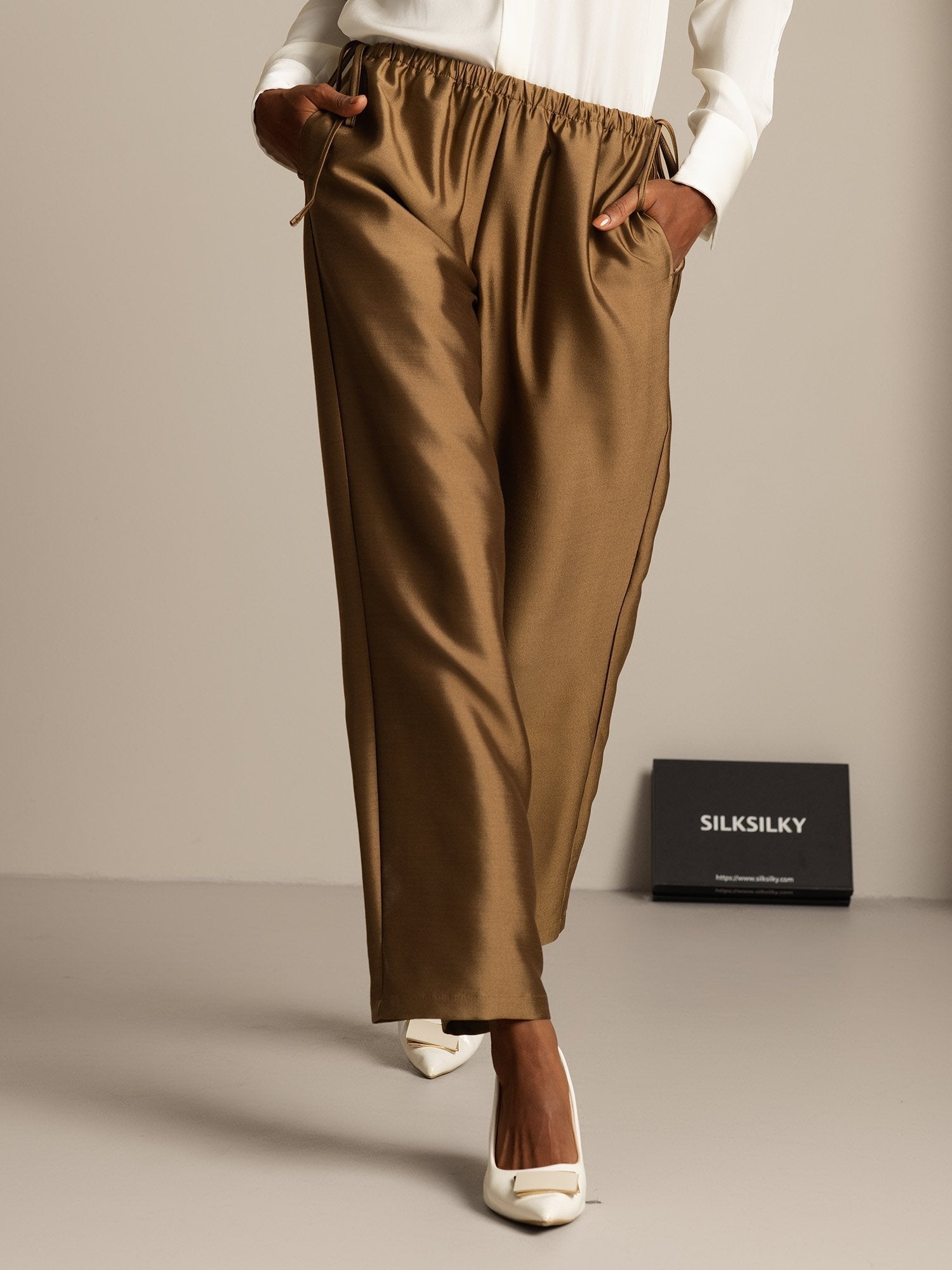 [Bronze] SilkSilky-CA 32Momme Silk-Wool Blend Womens Pants 006,