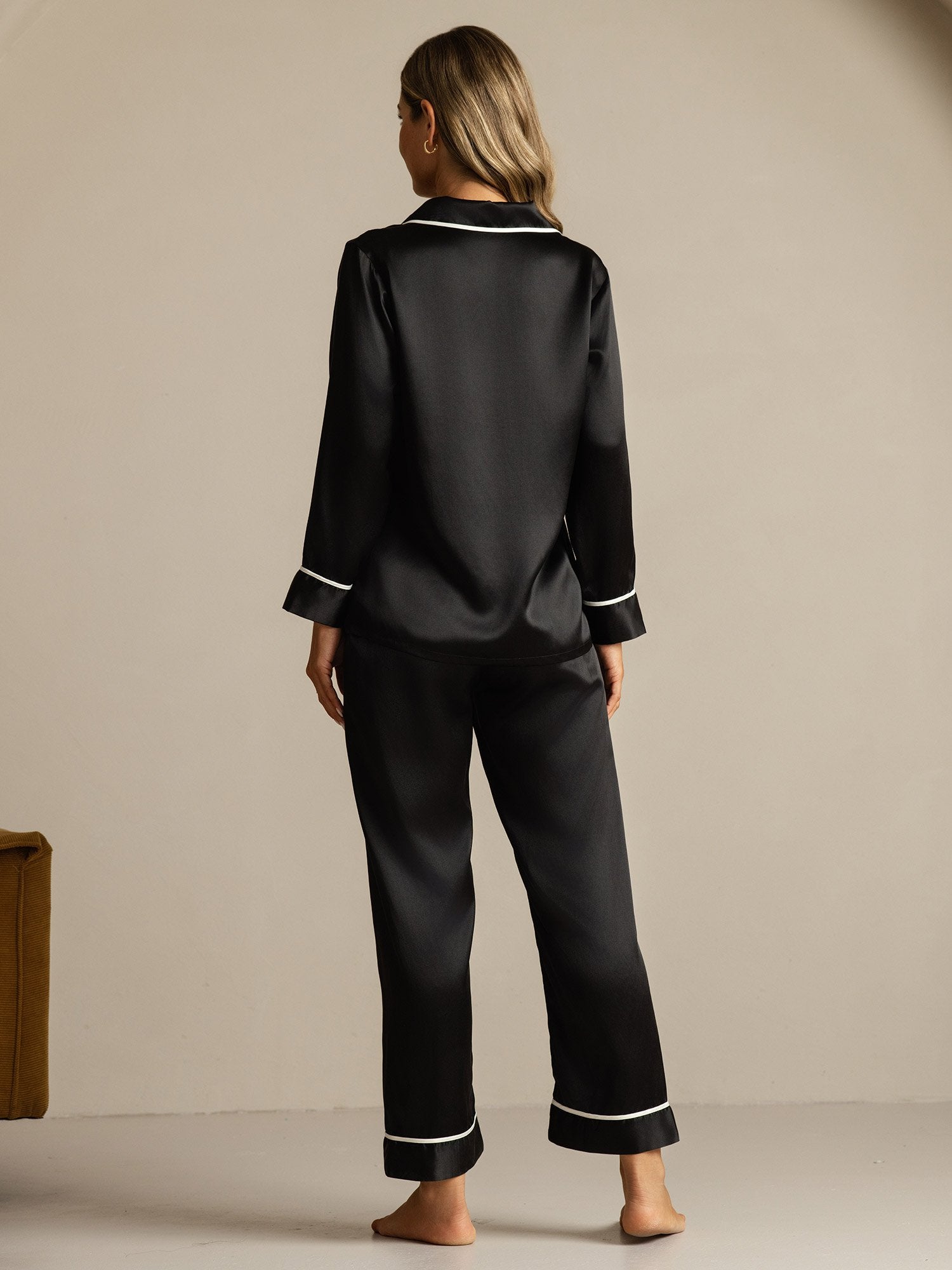[Black] SilkSilky-CA Pure Silk Lapel Collar Women's Pajamas 002