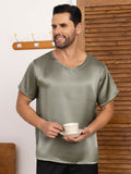 SilkSilky CA Pure Silk Short Sleeve V Neck Men's T Shirt GrayishGreen 004