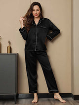 [Black] SilkSilky-CA Long Sleeve Lapel Collar Women's Pajamas 003
