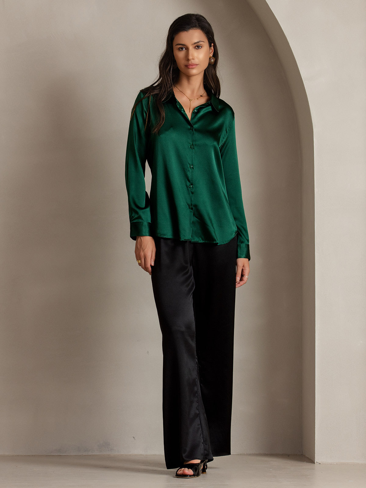 [Dark Green] SilkSilky-CA 19Momme Stretch Silk Charmeuse Long Sleeve Lapel Collar Women's Shirt 005