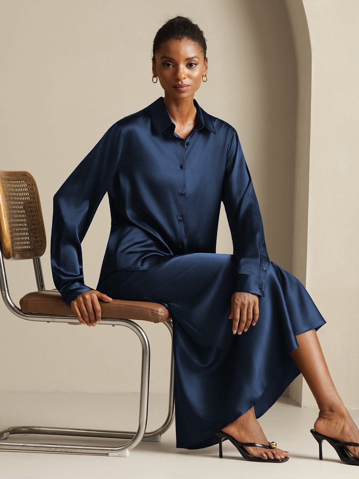 [Dark Blue] SilkSilky-CA 19Momme Silk Knitted Lapel Collar Women''s Outfit Sets 001,