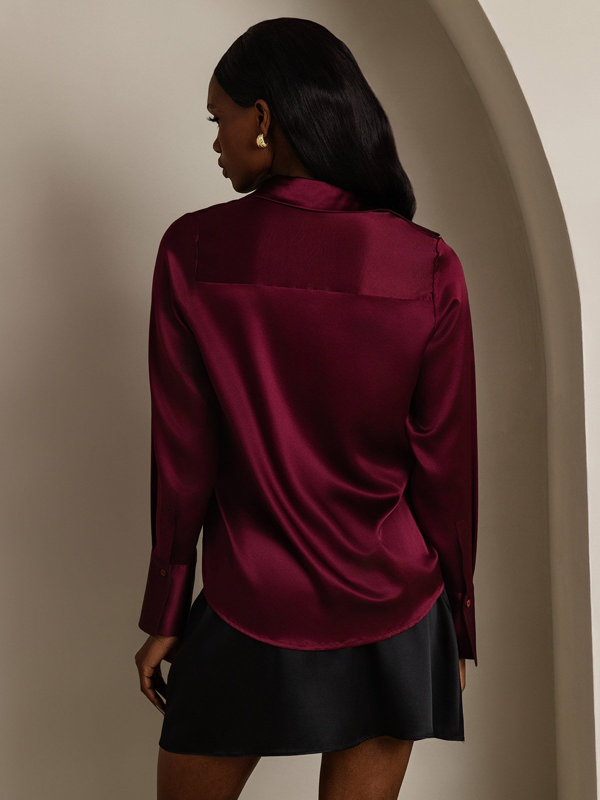 SilkSilky-CA 19Momme Silk Long Sleeve Collar Women's Shirt DarkRed 002