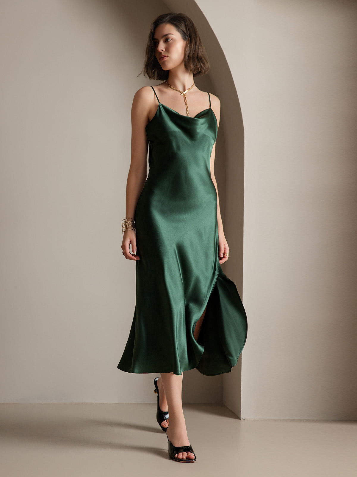 [Dark Green] SilkSilky-CA 19Momme Pure Silk Cowl Neck Dress 001