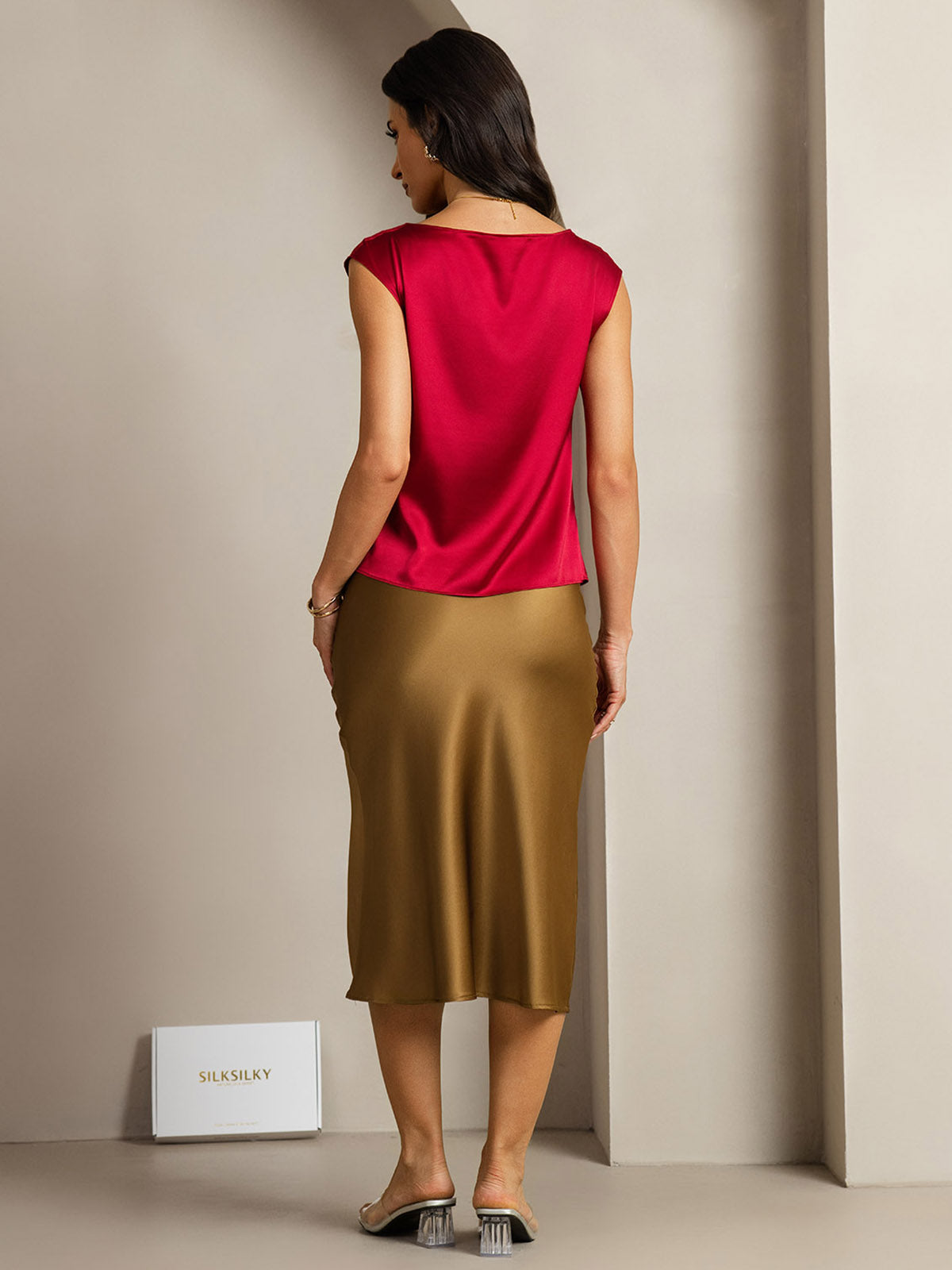 [Wine] SilkSilky-CA 19Momme Silk Cap Sleeve Cowl Neck Women's T-Shirt 002