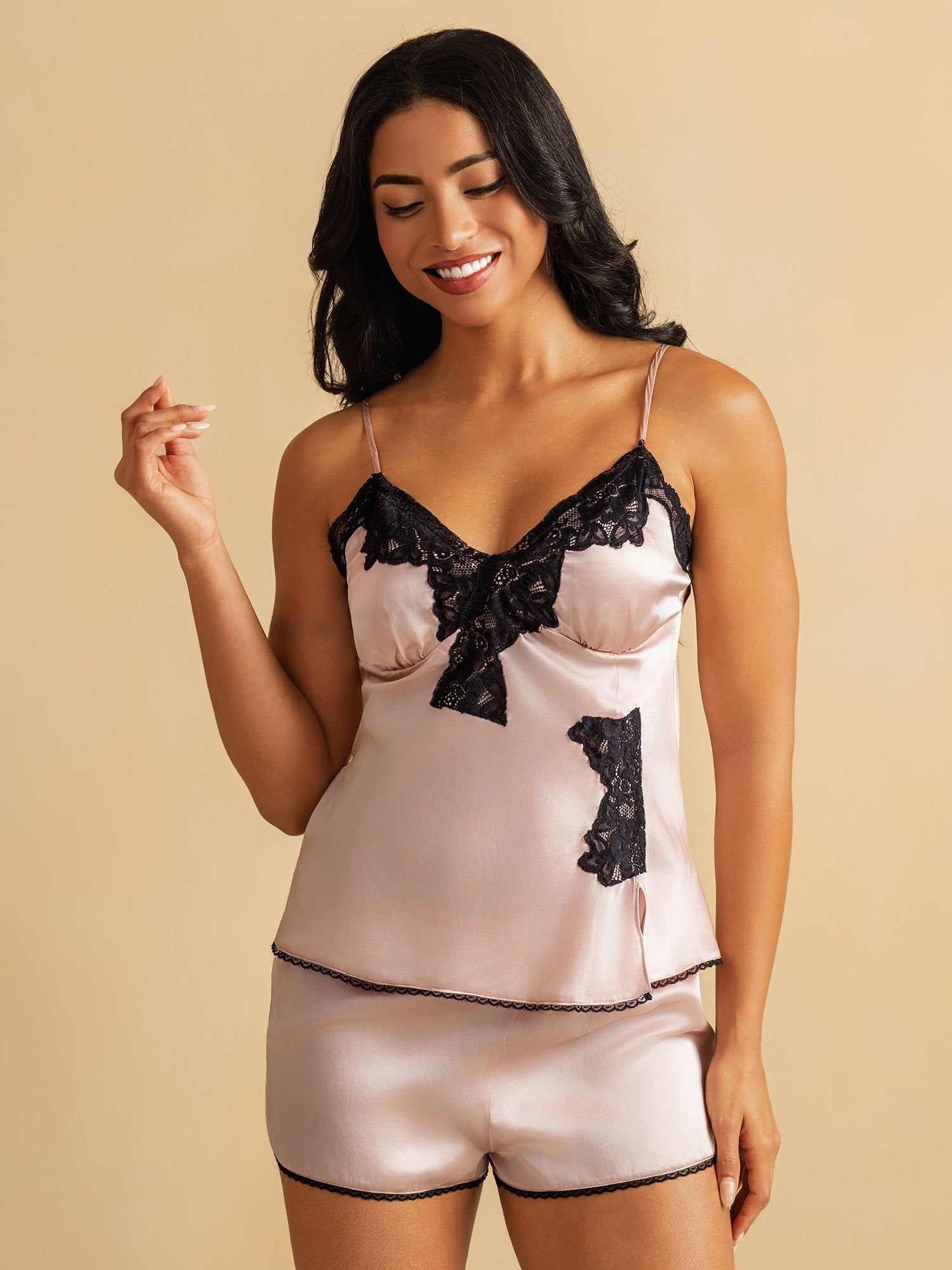 [Pink] SilkSilky-CA Pure Silk Split Camisole Set 003
