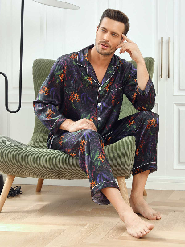 Pure Silk Men‘s Floral Printed Lapel Pajamas