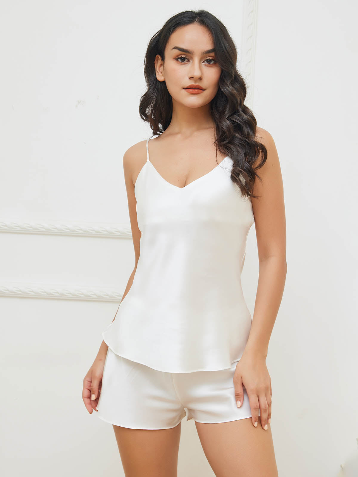 [White] SilkSilky-CA Pure Silk V Neck Camisole Set 002