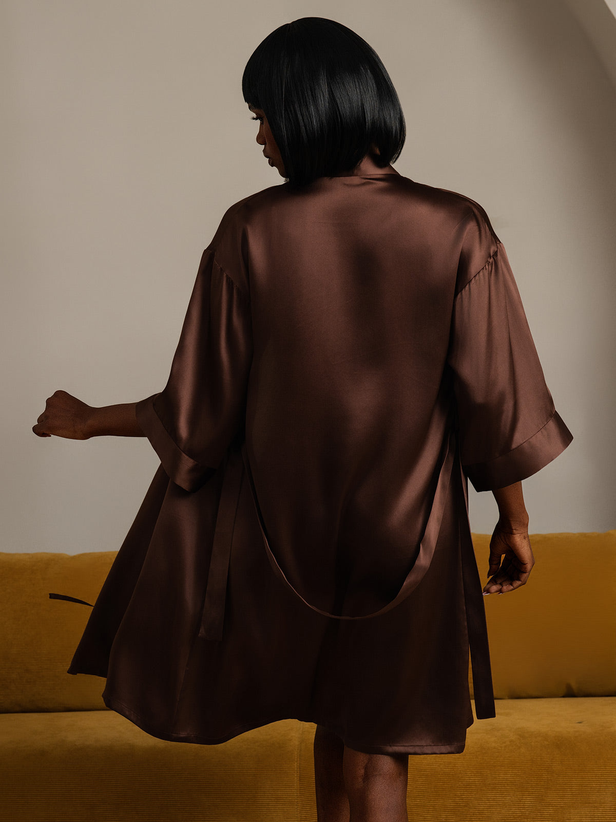 [Coffee] SilkSilky-CA Pure Silk Half Sleeve Womens Robe 002